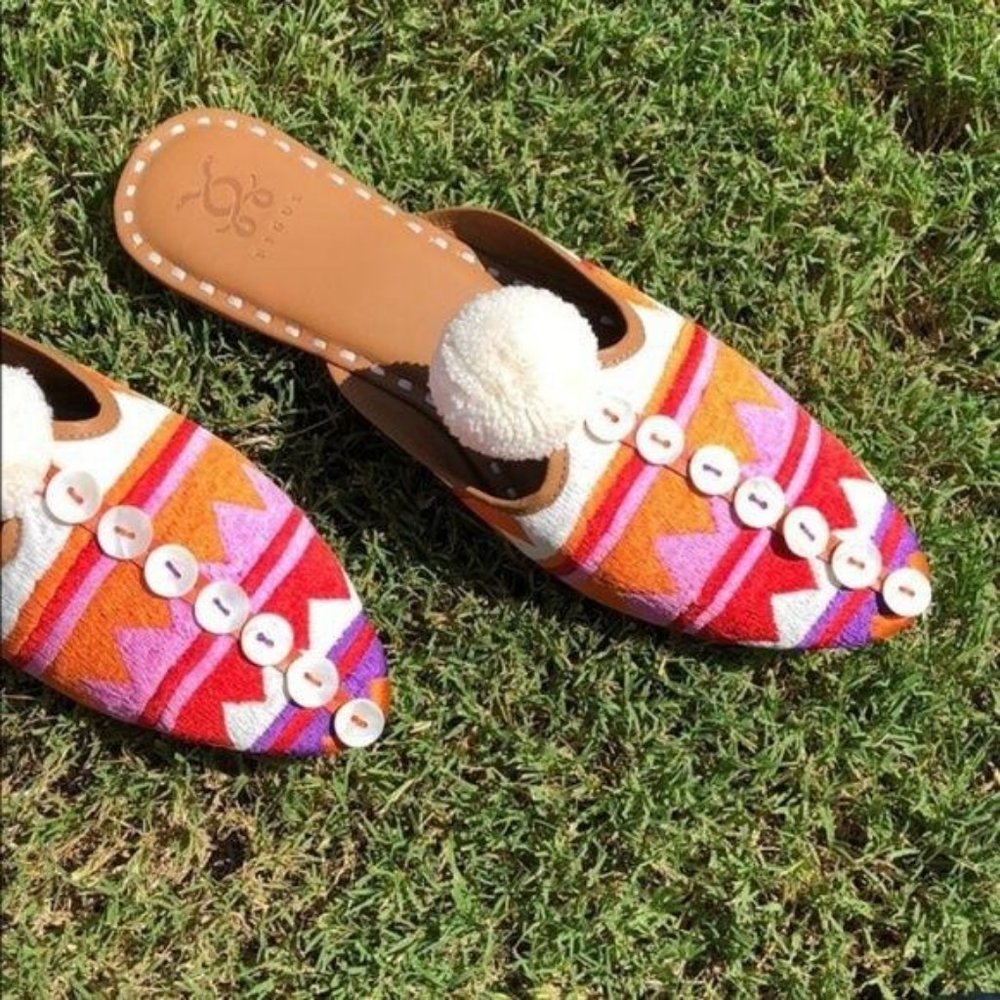 Figue Soulika Slide Mule Button Striped Pom Pom